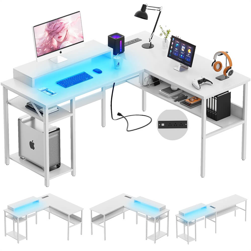 Unikito Reversible L Shaped Desk with Power Outlets and RGB LED Light, Sturdy Computer Desk with Ergonomic Monitor Stand and Storage Shelves, Corner Desk for Home Office, Easy Assembly