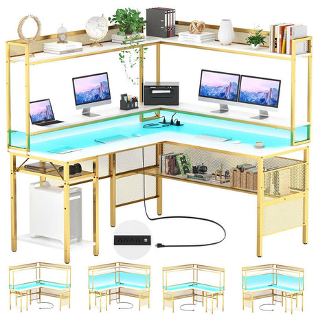 Unikito L-Shaped Desk with Power Outlet and LED Strip, 63” L Shaped Computer Corner Desk with Reversible File Drawer and Monitor Stand, Gaming Table Writing Desk for Home Office Workstation