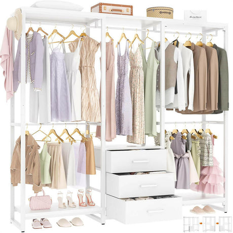 Unikito Garment Rack Heavy Duty Clothes Rack for Hanging Clothes, Wood Clothing Rack with 3 Drawers Freestanding Closet Wardrobe Rack, Multi-Functional Corner L Shaped Closet System Organizers