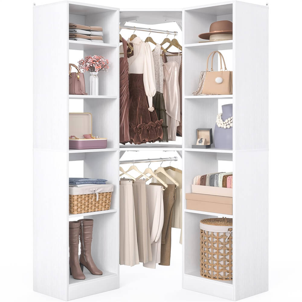 40 Inch L Shaped Corner Closet System, with 12 Shelves, 2 Hanging Rods, 6-Tier Design