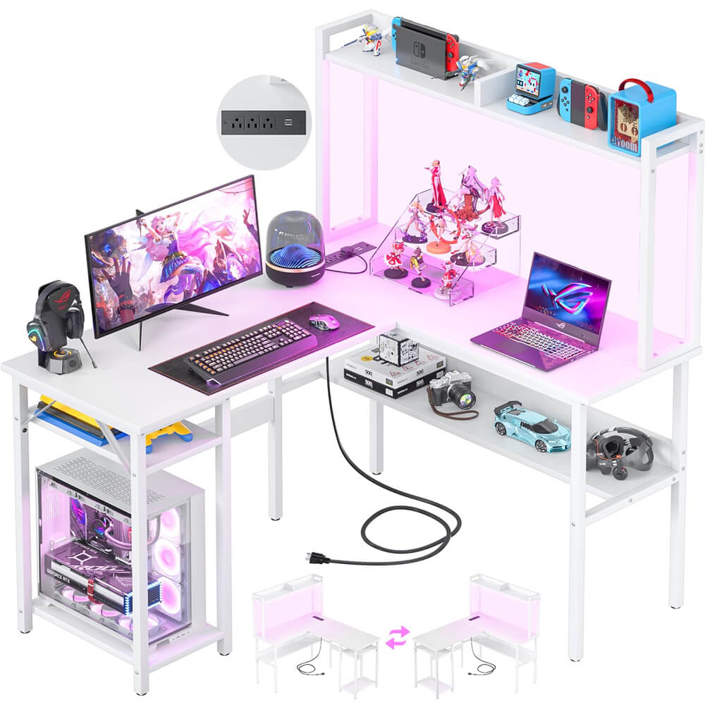 Unikito L Shaped Gaming Desk with RGB LED Strip and Power Outlets, Reversible Corner L Shaped Office Desk with Storage Shelves, Corner Desk with Hutch, Ideal Home Office Desks