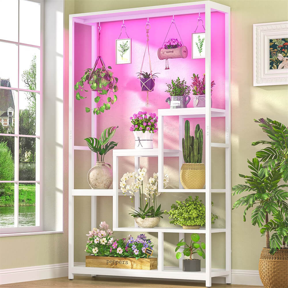 6-Tier Plant Stand with Grow Lights, Large Indoor Plant Holders Stand with Hanging Hooks