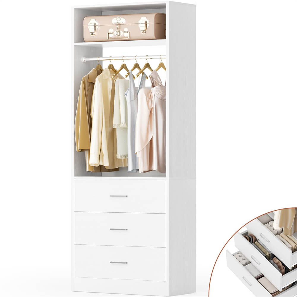 2FT  Freestanding Closet System with 3 Wood Drawers, Closet Organizer with Hanging Rod & Shelves, 24"L x 15" W x 80" H