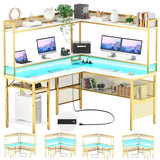 Unikito L Shaped Gaming Desk with Led Light, Reversible Computer Desk with Storage Shelves & Monitor Stand, L Shaped Desk with Power Outlet, Industrial 2 Person Corner Desk for Home Office