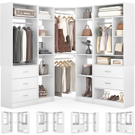 3-In-1 Freestanding Closet System, Closet Organizer with 5 Wood Drawers, 4 Hanging Rods, Reversible, 63.2"L x 63.2"W x 80"H, Load 2000+LBS