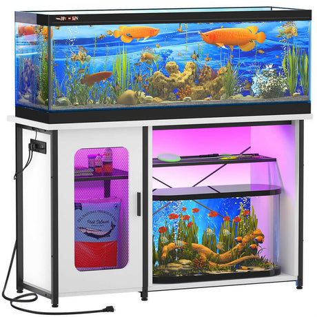 Unikito 55-75 Gallon Fish Tank Stand with Power Outlets & LED Light, Reversible Heavy Duty Metal Aquarium Stand with Cabinet for Fish Tank Accessories Storage, Turtle/Reptile Terrariums