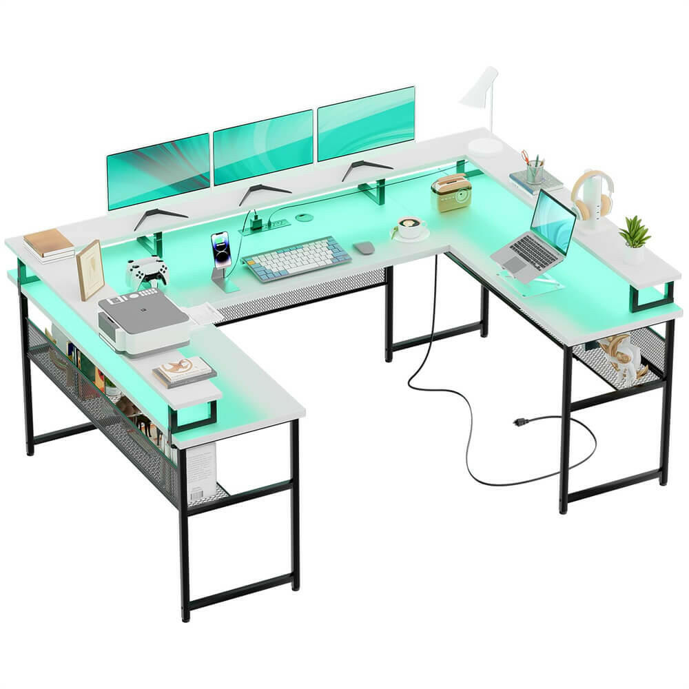 Unikito U Shaped Computer Desks, Reversible Office Desk with LED Strip and Power Outlets, L Shaped Table with Full Monitor Stand and Storage Shelves, 83 Inch Large U- Shape Gaming Desk