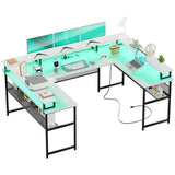 Unikito U Shaped Computer Desks, Reversible Office Desk with LED Strip and Power Outlets, L Shaped Table with Full Monitor Stand and Storage Shelves, 83 Inch Large U- Shape Gaming Desk