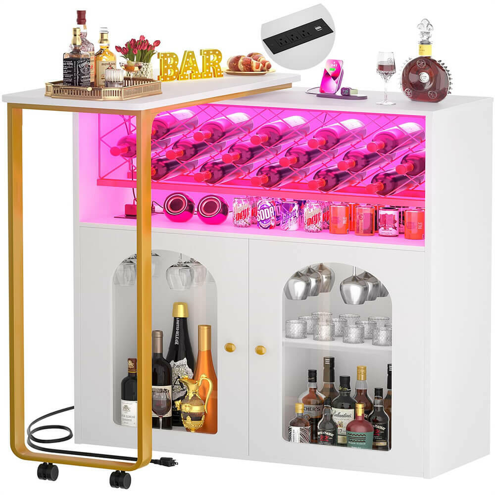 Unikito Rotating Wine Bar Cabinet, Tall Home Bar with LED Lights & Power Outlets, Liquor Bar Cabinet with Wine Rack & Glass Holder, Corner Bar Cabinet with Storage & Doors, Home, Dining Room