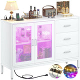 Unikito Sideboard Buffet Cabinet with 3 Wood Drawers, Storage Cabinet with Power Outlet, Coffee Bar Cabinet with LED Light, Modern Cabinet Console Table for Kitchen Dining Room