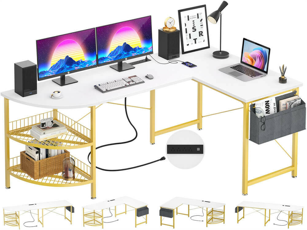 Unikito L Shaped Desk with Power Outlet, 98.4" Reversible Corner Computer Table with Storage Shelves and Bag, Modern 2 Person Large Long Desk for Home Office Writing Study Workstation