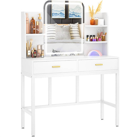 Vanity Desk with Lighted Mirror and 2 Wooden Drawers, Makeup Vanity Desk with 3 Shelves, for Bedroom