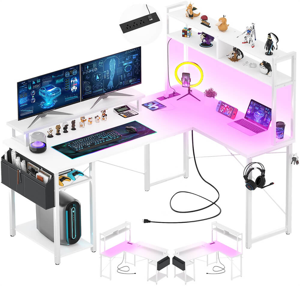 Small L Shaped Computer Desk with LED Lights & Power Outlets, Reversible Design, with Shelf, Side Storage Bag