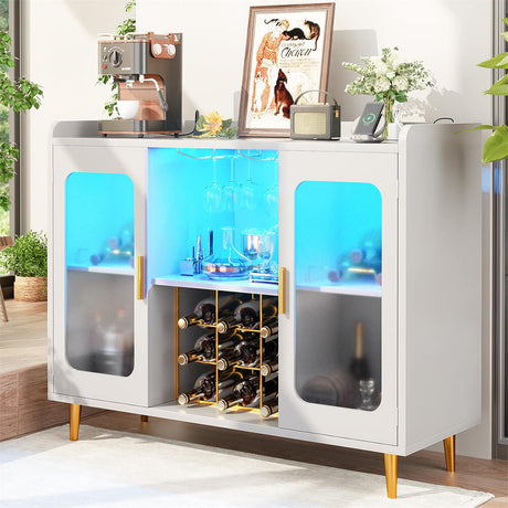 Unikito Wine Bar Cabinet with Power Outlet, Liquor Cabinet Bar with LED Light and Glass Holder, Home Coffee Bar Cabinet, Buffet Sideboard with Storage Shelf for Kitchen, Dining Room