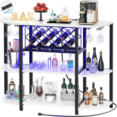 Unikito 4-Tier Metal Coffee Bar Cabinet with Outlet and LED Light, Freestanding Floor Table for Liquor Glass Holder Wine Rack Storage, Bakers Kitchen Dining Room