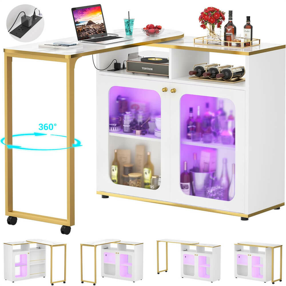 Unikito 360° Rotating Bar Cabinet, 59" Home Bar with LED Light & Charging Station, Double-Sided Foldable Liquor Wine Cabinet with Storage for Bar, Liquor, Coffee, Dining, Working