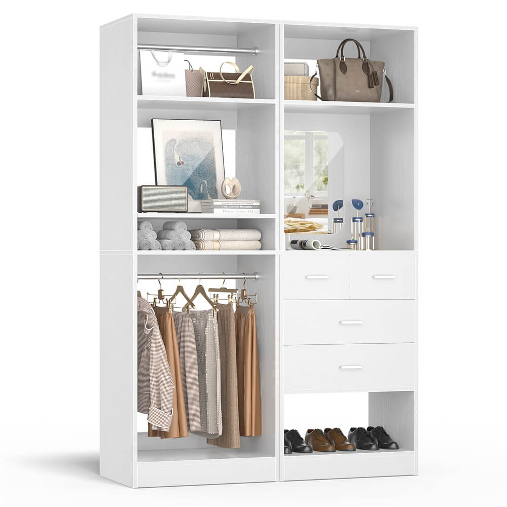 Unikito 2-in-1 50'' Closet System, Freestanding Closet Organizer with Hanging Rods and Drawers, Adjustable Clothes Garment Rack with Mirror, Sturdy Walk in Closet Tower for Bedroom, Mudroom, Entryway