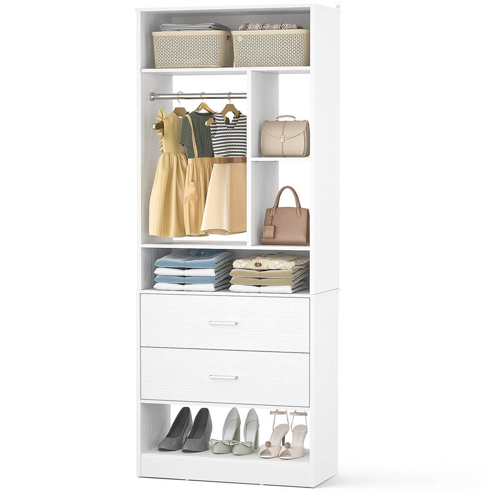 24 Inch Freestanding Closet System with 2 Wood Drawers, 2FT Small Closet Organizer System with Hanging Rod & Shelves, 24" L x 15" W x 80" H