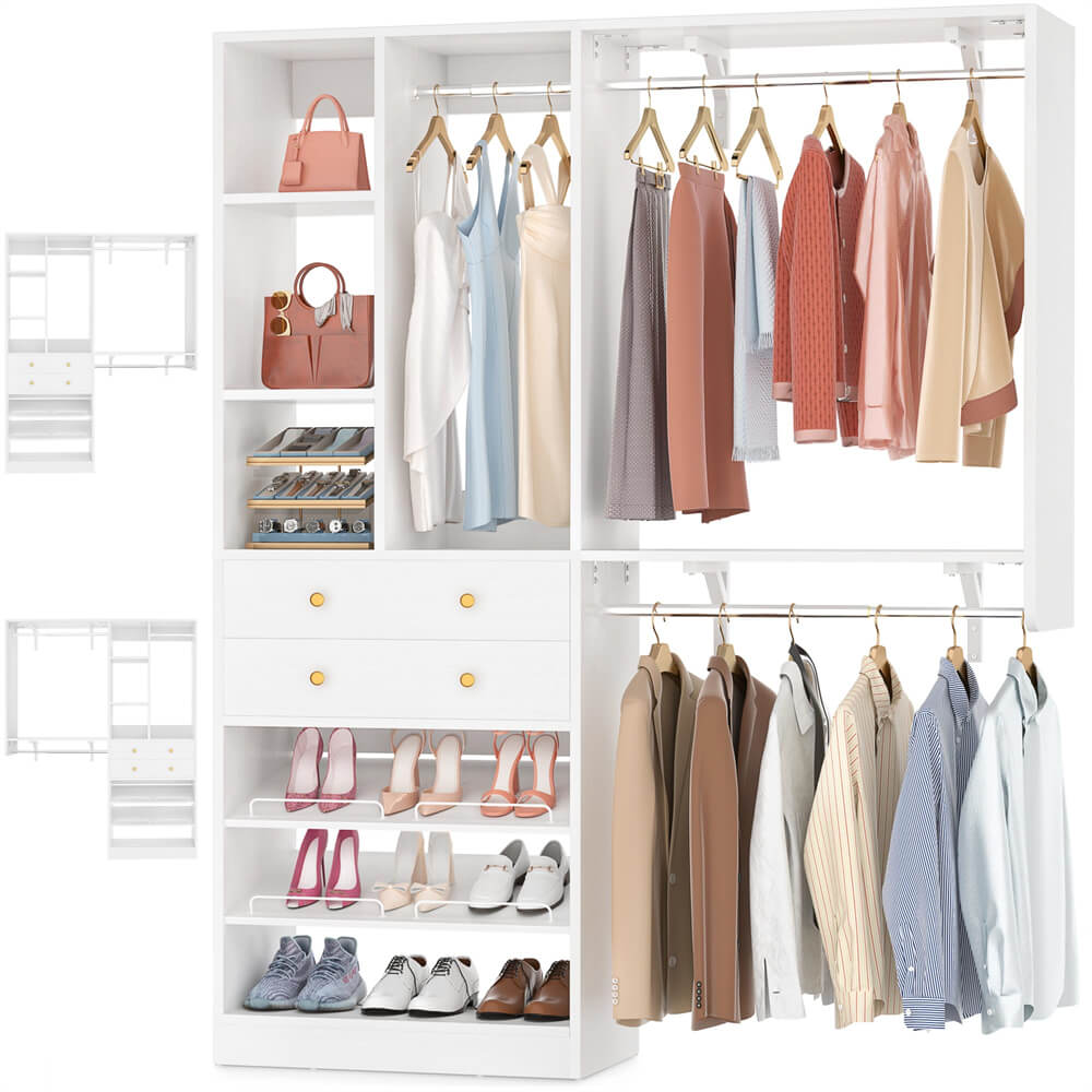 5FT Closet System with 2 Wood Drawers, 2 Hanging Rods & Shelf Towers, Reversible, Wall-Mount