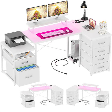 Unikito 70.8" Reversible L Shaped Computer Desk with Fabric File Drawers, Corner Desk with RGB LED Lights & Power Outlets & Monitor Stand, Large Gaming Desk for Home Office Workstation