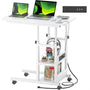 2-Tier Height Adjustable C Shaped End Table with Charging Station, with USB Ports and Wheels