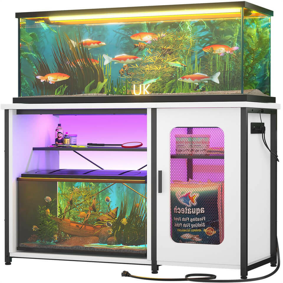 Unikito 55-75 Gallon Aquarium Stand with Power Outlets & LED Light, Reversible Fish Tank Stand with Cabinet for Fish Tank Accessories Storage, Heavy Duty Metal Frame, 880LBS Capacity