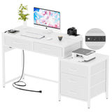 Unikito Reversible Computer Desk with 5 Drawers, Sturdy Office Desk with Power Outlets and USB Ports, Corner Writing Table with File Cabinet & Printer Stand, Vanity Desk with Storage