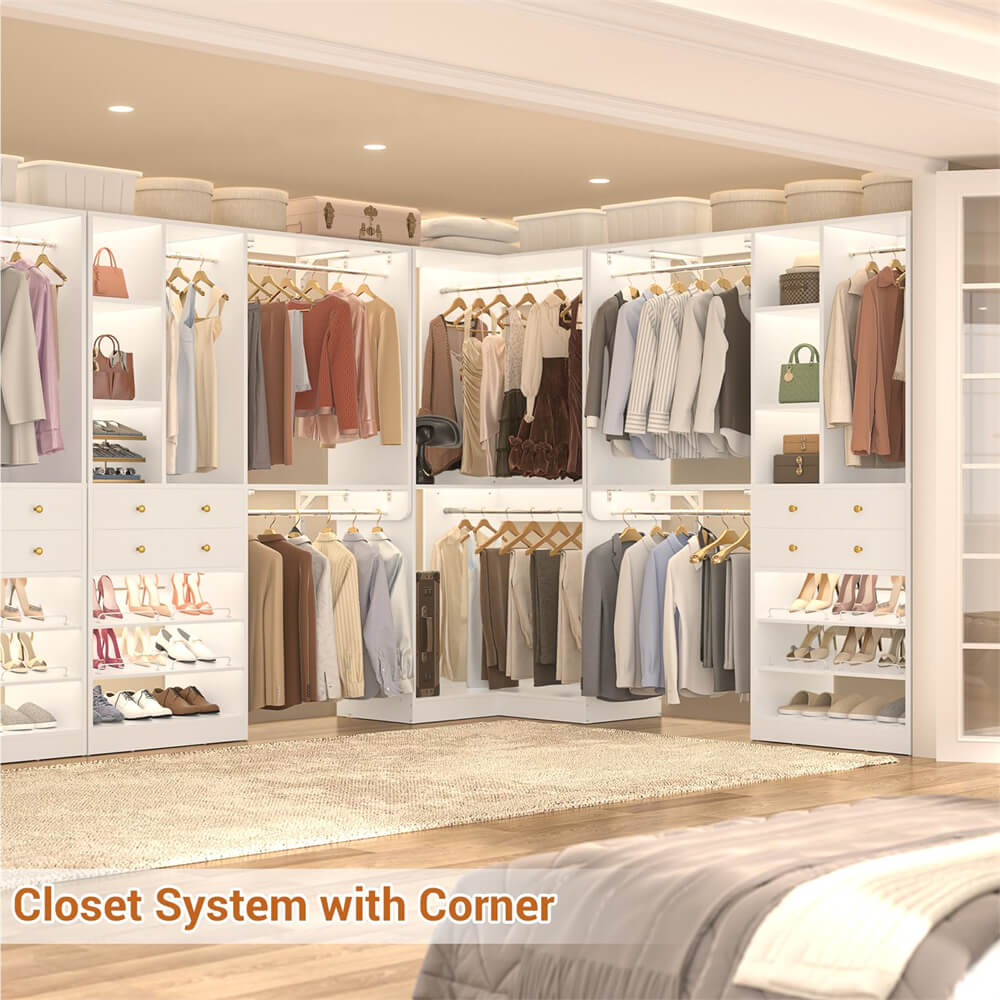 Closet System with Corner, 90.5 Inch Wooden Closet Organizer System with Drawers, Hanging Rods and Shelves