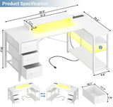 53 Inch L Shaped Computer Gaming Desk with Power Outlets & LED Lights, Corner Desk with 3 Fabric Drawers and Shelves, Reversible