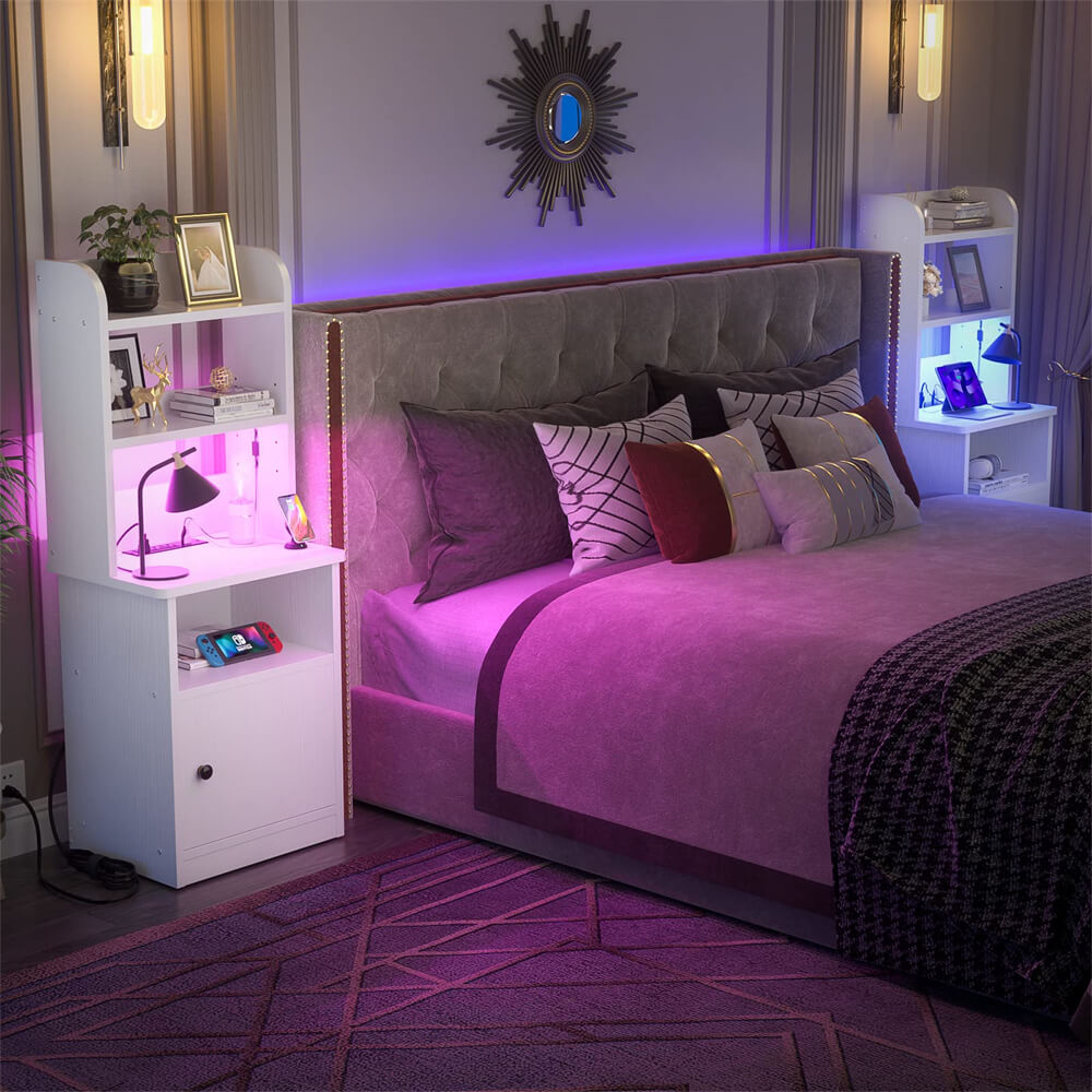 Tall Nightstand with Charging Station and LED Lights, 47 inch Height, with Bookshelf and Storage Cabinet