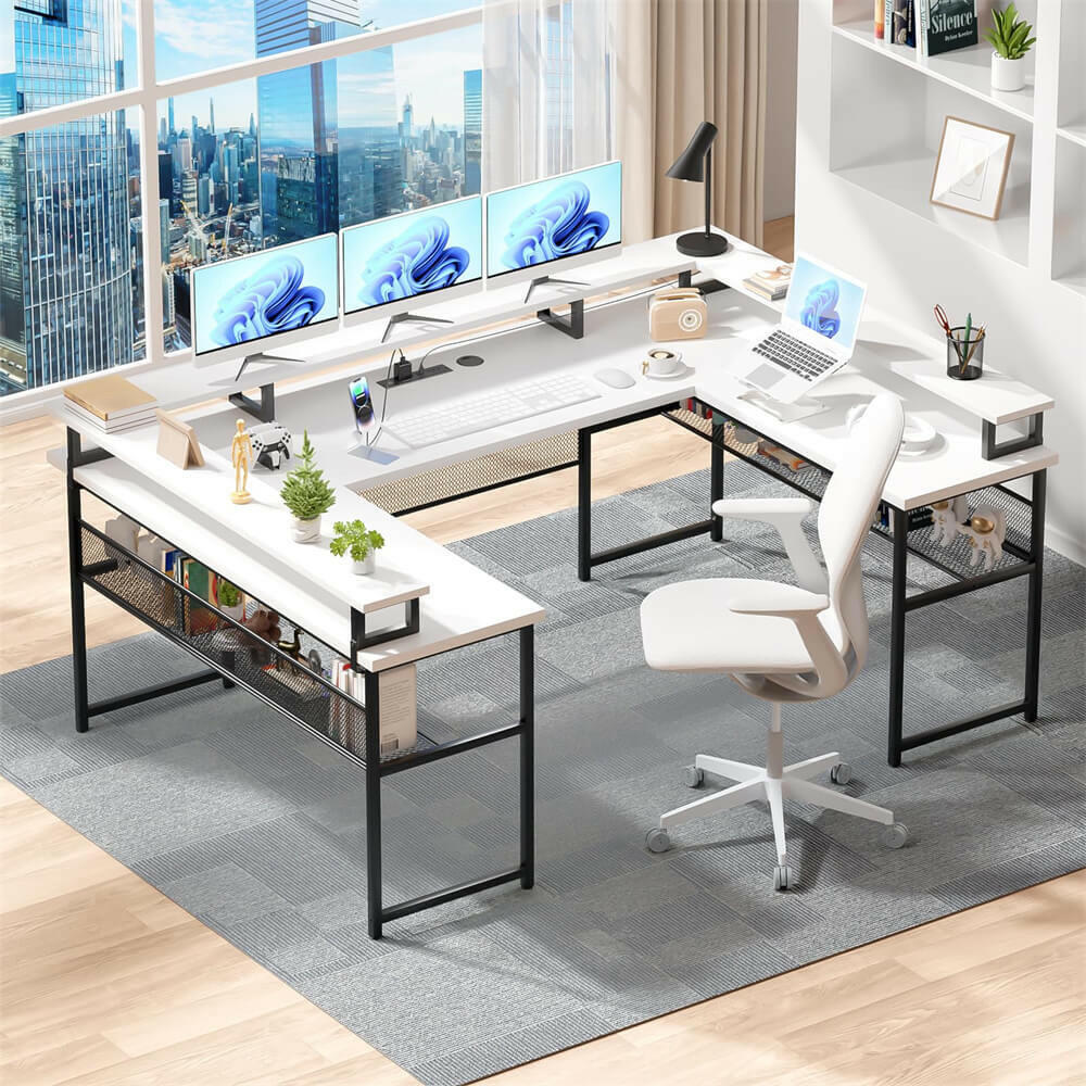 Unikito U Shaped Computer Desks, Reversible Office Desk with LED Strip and Power Outlets, L Shaped Table with Full Monitor Stand and Storage Shelves, 83 Inch Large U- Shape Gaming Desk