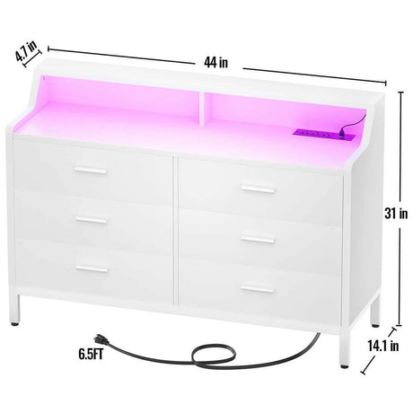 Unikito 6 Drawer Dresser for Bedroom, Wood Storage Dresser with Power Outlets and Smart LED Lights, Sturdy Modern Bedroom Furniture