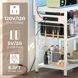 Unikito Bakers Rack with Power Outlet and LED Light Strings, Microwave Oven Stand Kitchen Storage Shelf with Wire Basket, Coffee Bar Station Island Table with 10 Hooks for Spices, Pots