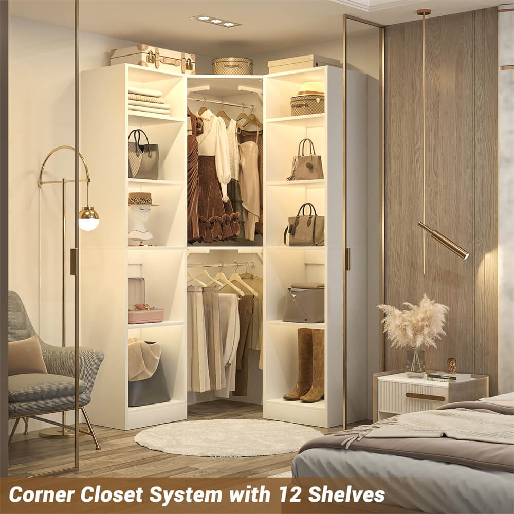 40 Inch L Shaped Corner Closet System, with 12 Shelves, 2 Hanging Rods, 6-Tier Design