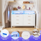 6 Drawer Dresser, Wooden Chest of Drawers with Power Outlets and Smart LED Light, for Bedroom, Living Room