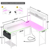 Small L Shaped Computer Desk with LED Lights & Power Outlets, Reversible Design, with Shelf, Side Storage Bag