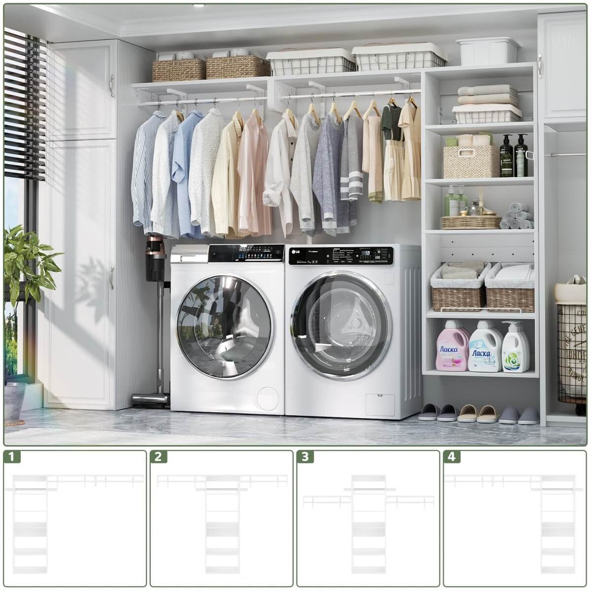 8FT Over Washer and Dryer Storage Shelf, Wall Mounted Laundry Room Organizer with Hanging Rods