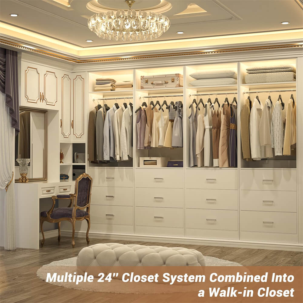 2FT  Freestanding Closet System with 3 Wood Drawers, Closet Organizer with Hanging Rod & Shelves, 24"L x 15" W x 80" H