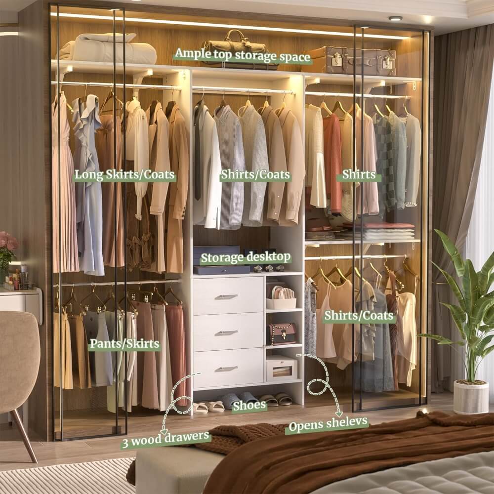 96 Inch Heavy Duty Walk In Closet System with 3 Wooden Drawers and 4 Adjustable Hanging Rods, Fits 5.3-9 ft