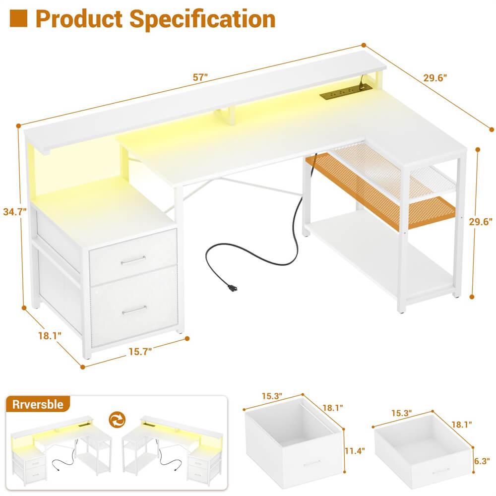 Reversible L Shaped Computer Desk Gaming Desk with File Drawer,  Power Outlet & LED Strip