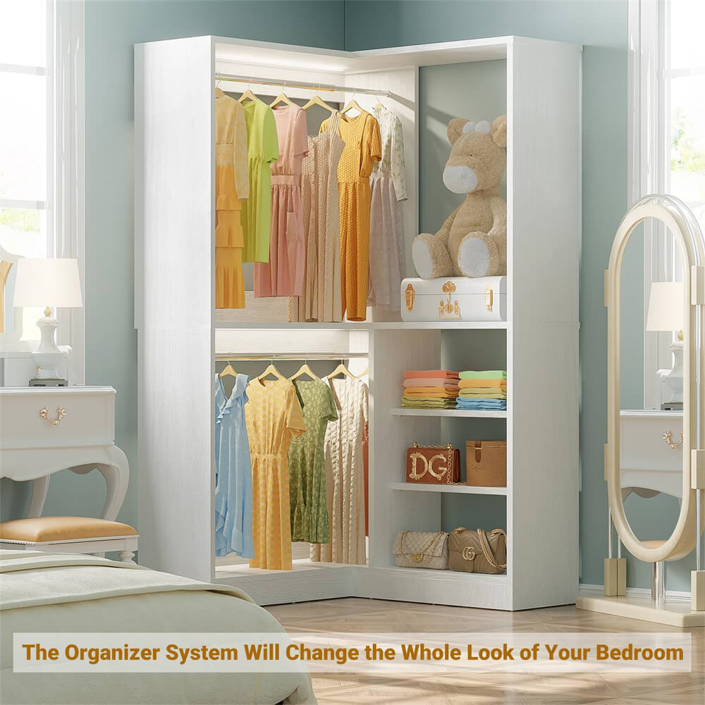 Corner Closet System, 36'' x 36'' Inch Large Freestanding Closet Organizer Tower with 2 Hanging Rods and Shelves