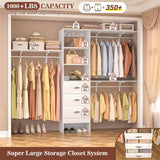 Unikito 96 Inches Closet System, 8FT Walk In Closet Organizer with 3 Shelving Towers, Heavy Duty Clothes Rack with 3 Drawers, Built-In Garment Rack, 96"L x 16"W x 75"H, Load 1000 LBS