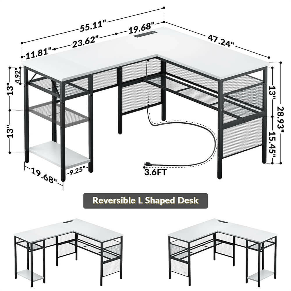 Unikito L Shaped Computer Desk with Power Outlet and USB Charging Port, Reversible L-Shaped Office Desks with Storage Shelves, Unique Grid Design, 2 Person Corner Desk for Home Office