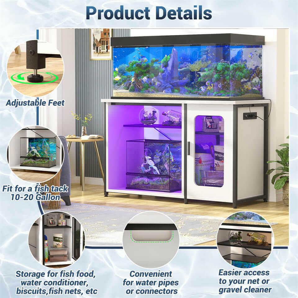 Unikito 55-75 Gallon Aquarium Stand with Power Outlets & LED Light, Reversible Fish Tank Stand with Cabinet for Fish Tank Accessories Storage, Heavy Duty Metal Frame, 880LBS Capacity