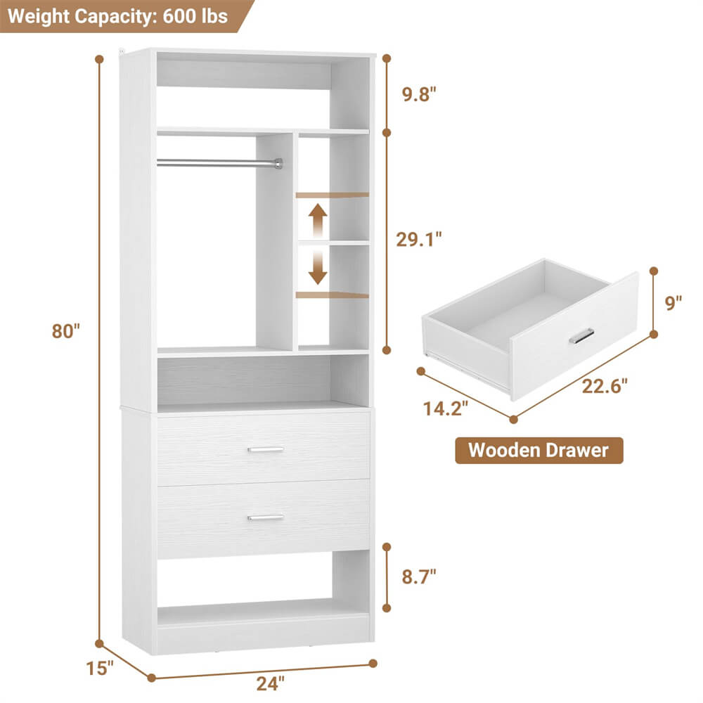 24 Inch Freestanding Closet System with 2 Wood Drawers, 2FT Small Closet Organizer System with Hanging Rod & Shelves, 24" L x 15" W x 80" H