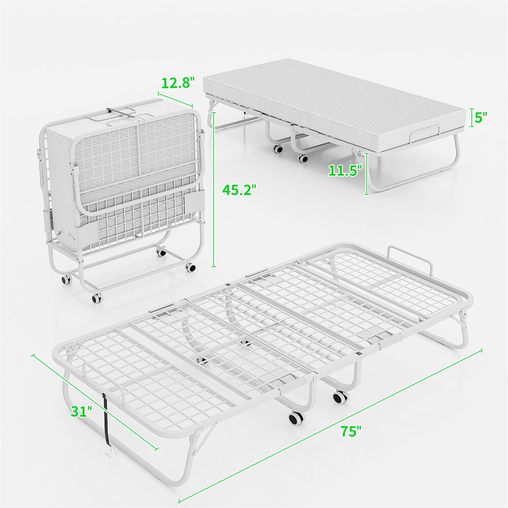 Folding Bed with Mattress for Adults, 75‘’ x 31‘’, with Adjustable Backrest