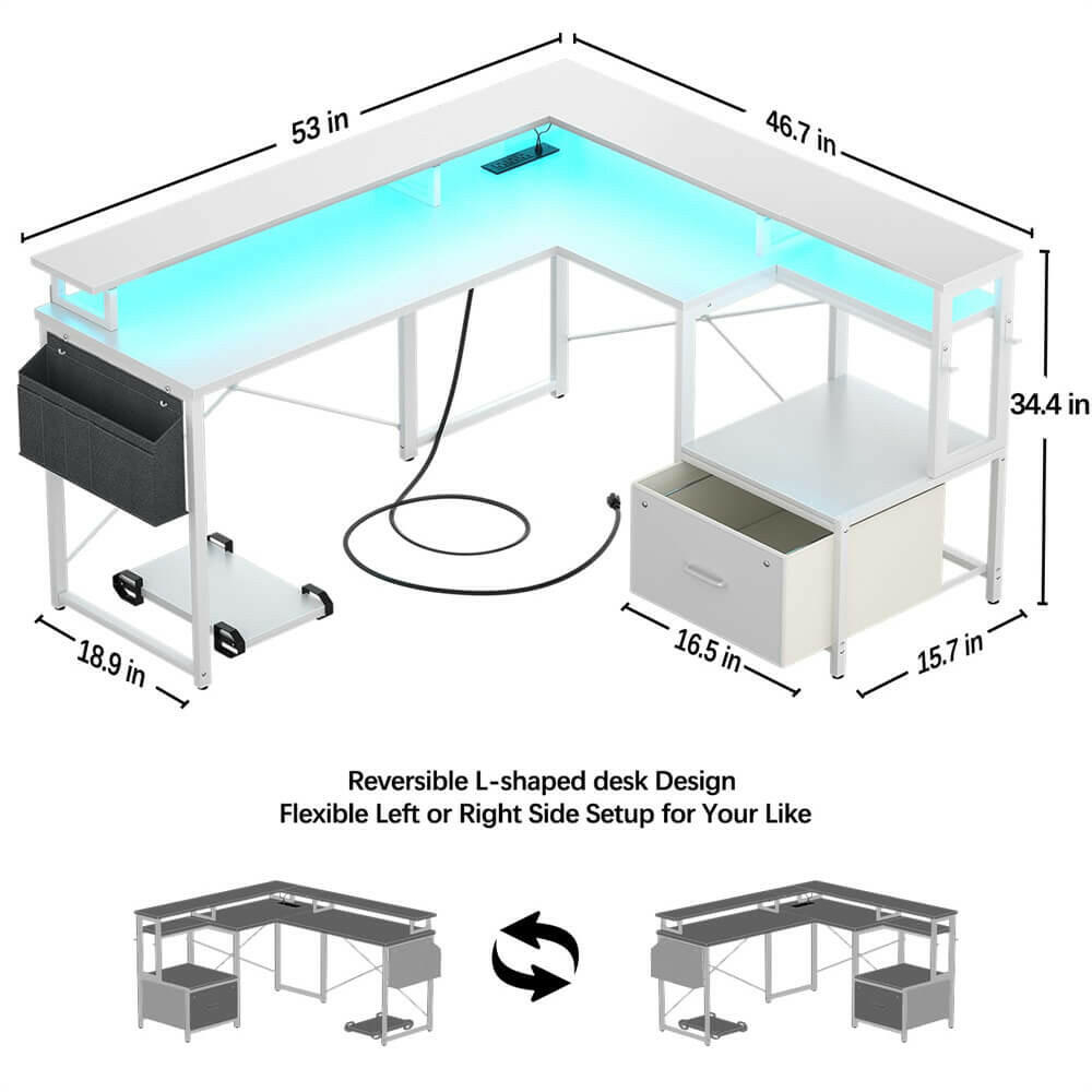 Unikito L Shaped Desk with Power Outlet and LED Strip, Reversible L Shaped Computer Desk with File Drawer, Corner Desk for Gaming Writing, Home Office Desk with Monitor Shelf