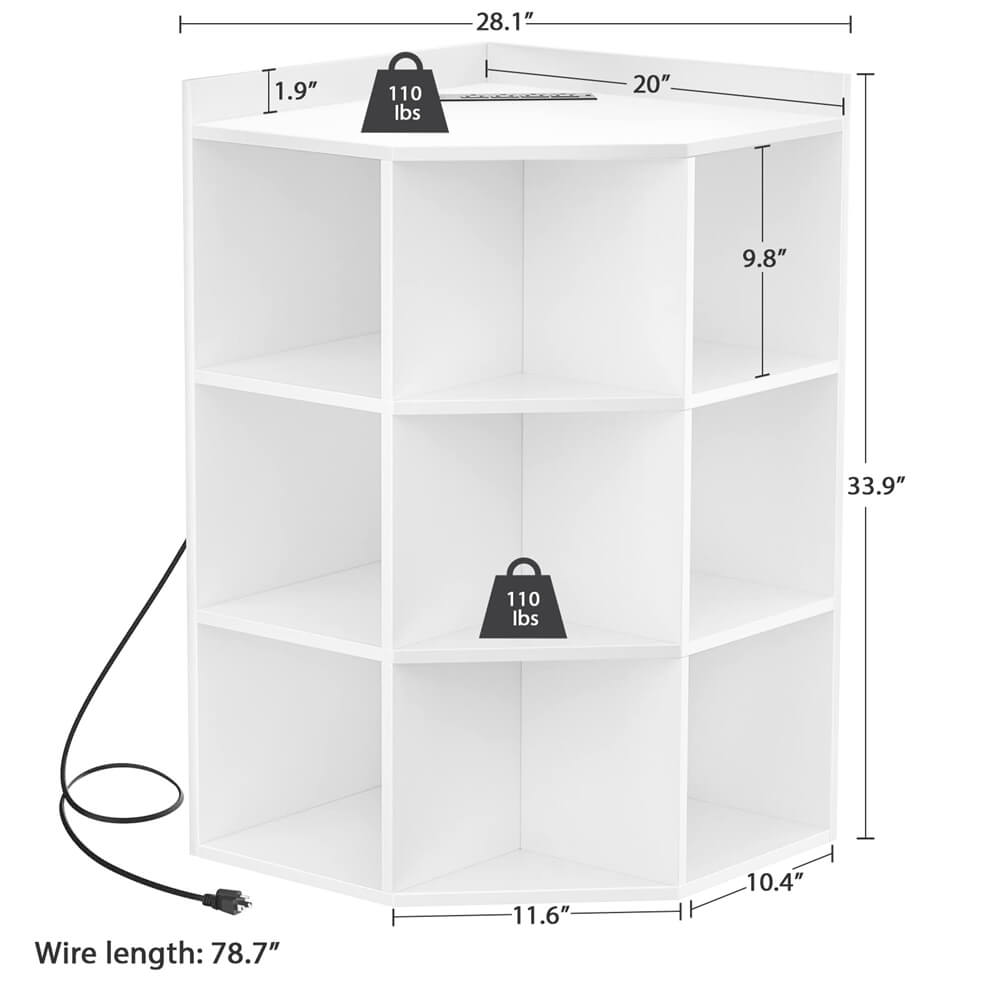 3-Tier Wooden Corner Storage Cabinet Bookshelf with Power Outlets and 9 Cubes