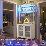 Unikito Tall Wine Bar Cabinet with LED Light and Power Strip, 67'' Standing Liquor Cabinet with Door & Glass Holder, Coffee Bar Cabinet, Bakers Rack Cabinet, for Living Room, Kitchen