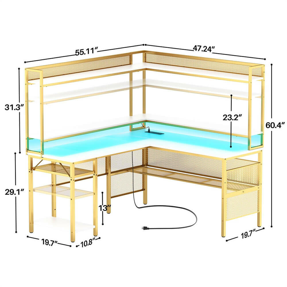 Unikito L-Shaped Desk with Power Outlet and LED Strip, 63” L Shaped Computer Corner Desk with Reversible File Drawer and Monitor Stand, Gaming Table Writing Desk for Home Office Workstation